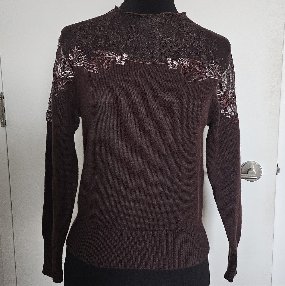 Snidel Japanese Gyaru Brown Lace Cold Shoulder Sweater With Floral Embroidery